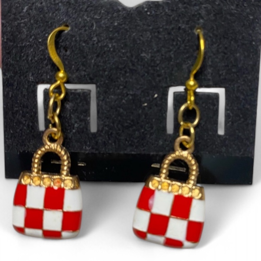 Chic Red and White Checkered Handbag Earrings